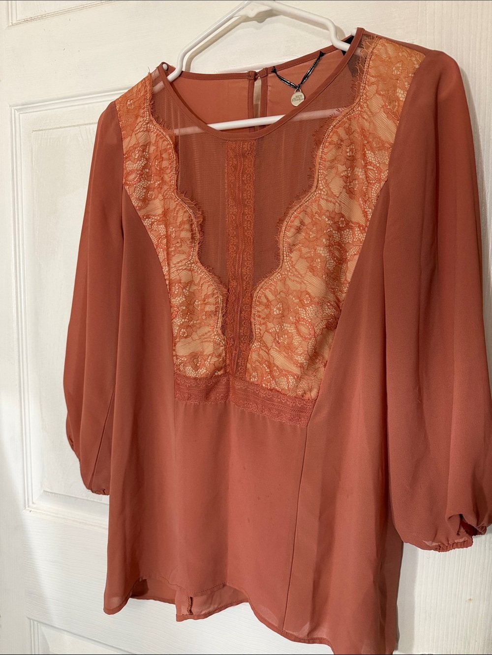 BKE Lace-Inset Sheer Blouse in Rust